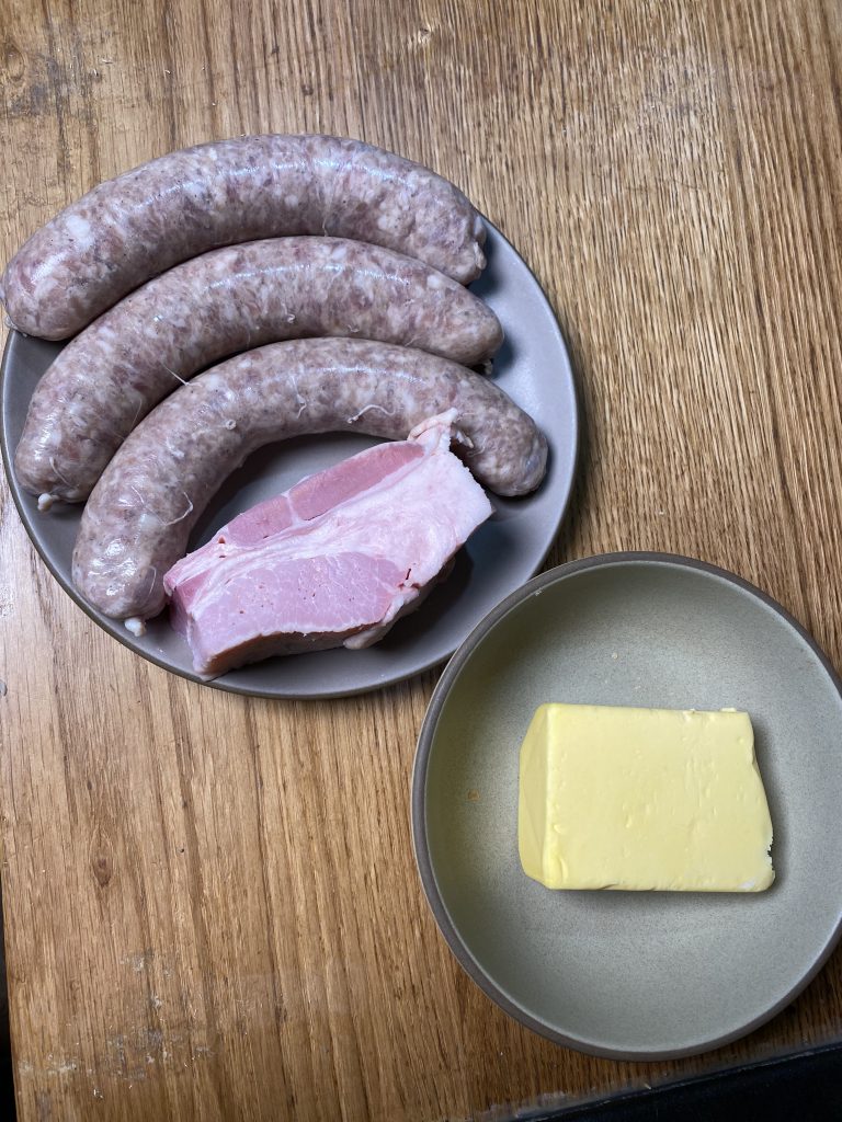 Toulouse sausage and bacon